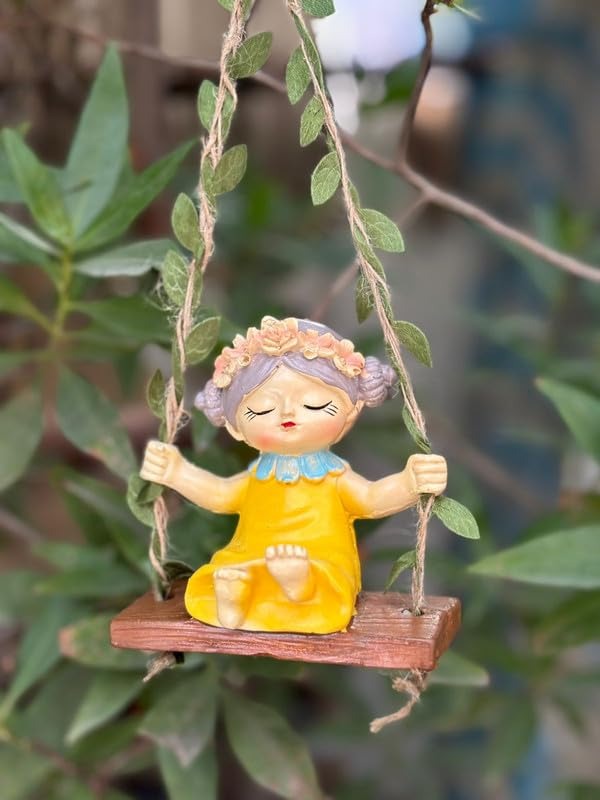 Garden Fairies on Hanging Swings – Set of 2- Pink & Yellow- 3.5x2.1x3.6inch