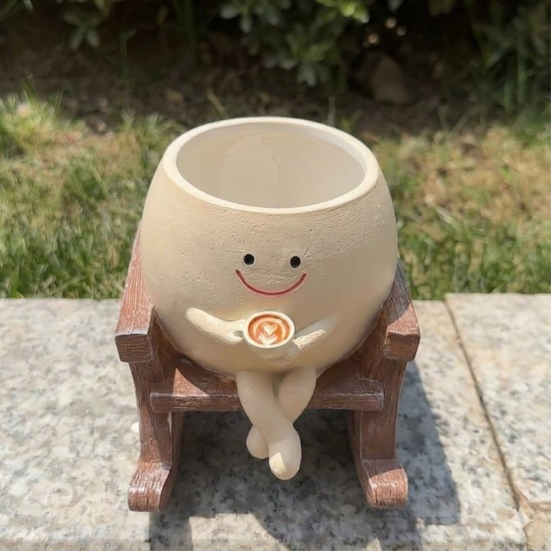 Wonderland Whimsical Smiling Sitting Rocking Chair Planter – Cute Face Flower Pot with Coffee Cup Accent for Succulents and Small Plants-