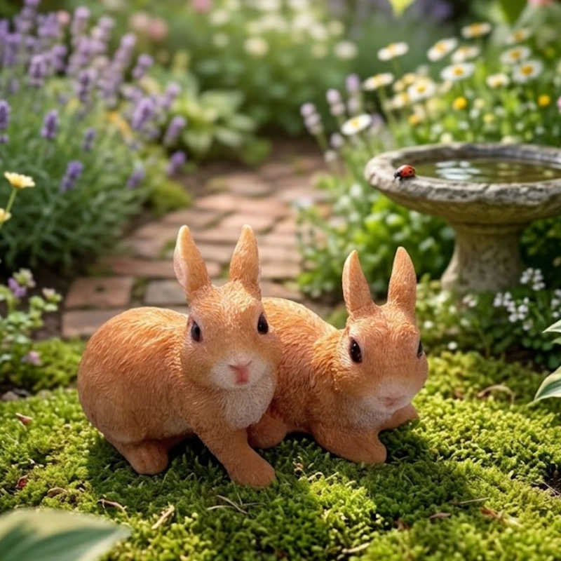 Realistic Double Bunny Figurine
