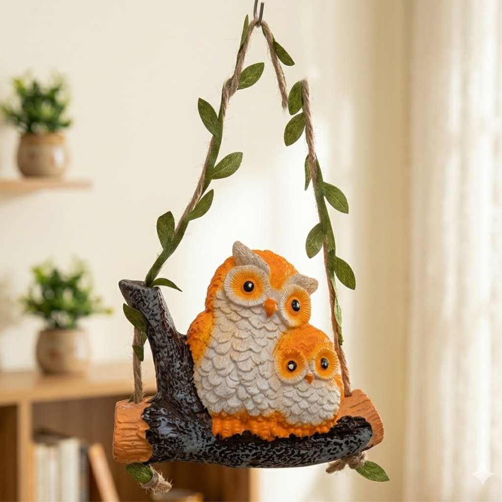 Cute Hanging Owl Couple Garden Statue Resin Owls on Tree Branch Swing