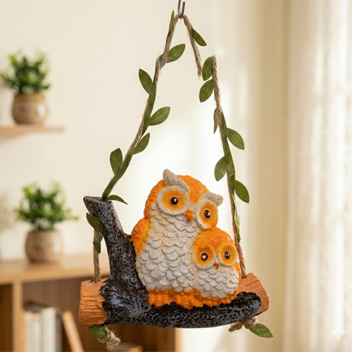 Cute Hanging Owl Couple Garden Statue Resin Owls on Tree Branch Swing
