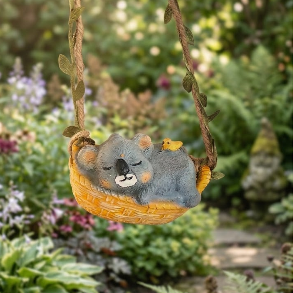 Sleeping Koala Garden Statue – Hanging Tree Decór with Swing Basket