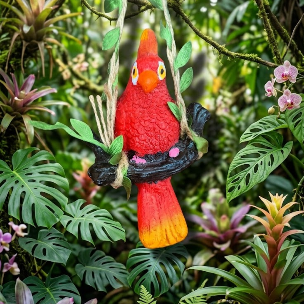 Vibrant Red Parrot Garden Statue – Hanging Tropical Bird Figurine on Tree Branch Swing