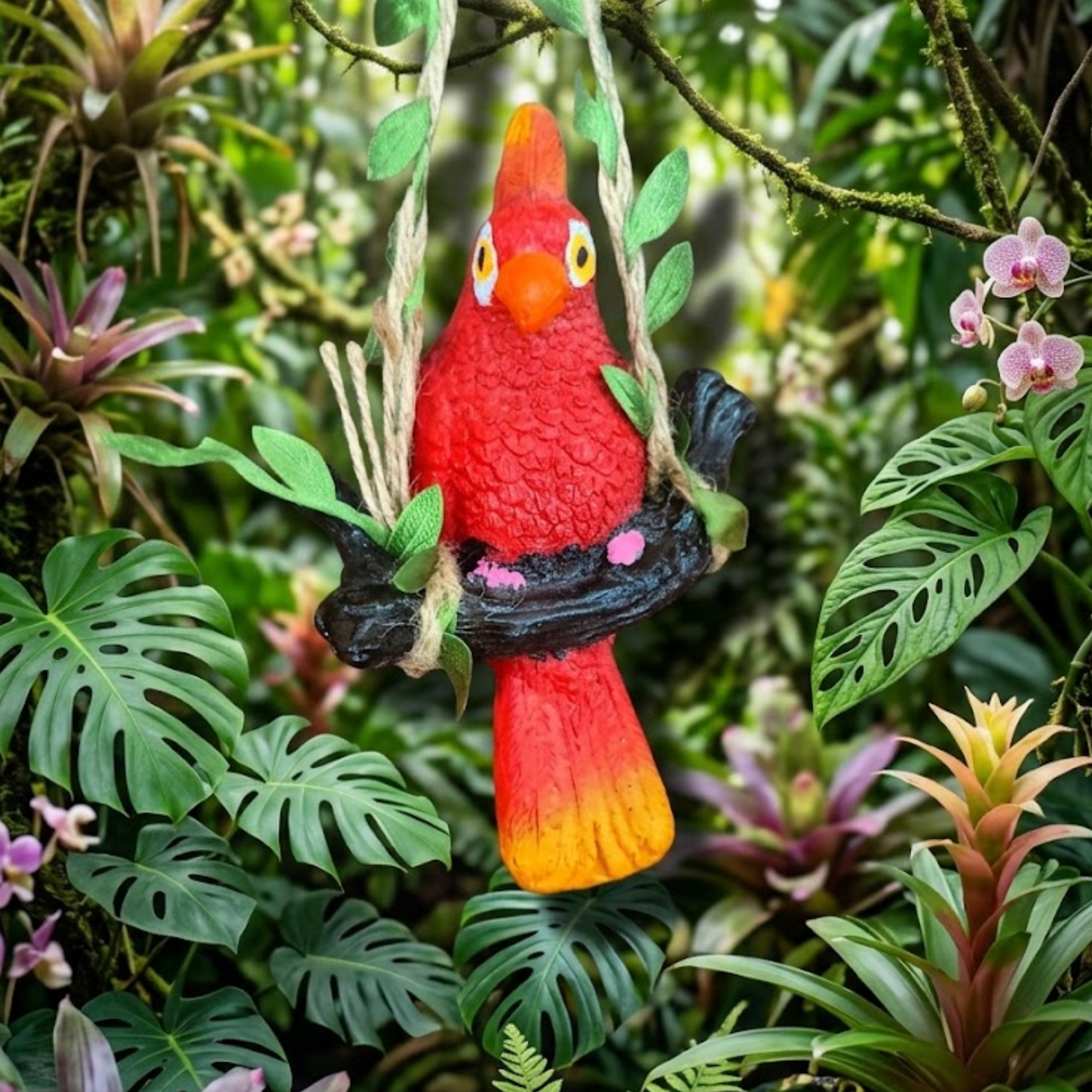 Vibrant Red Parrot Garden Statue – Hanging Tropical Bird Figurine on Tree Branch Swing