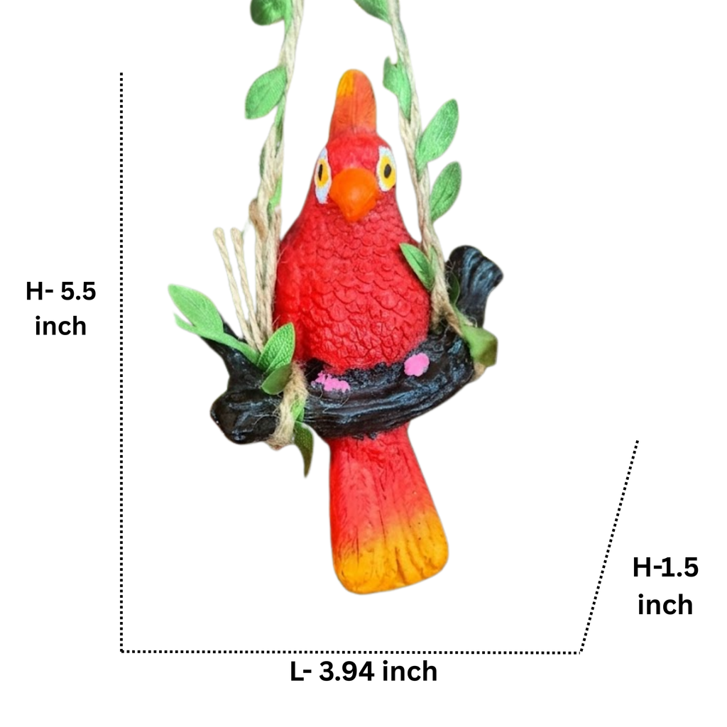 Vibrant Red Parrot Garden Statue – Hanging Tropical Bird Figurine on Tree Branch Swing