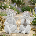 White Cherub Angel Garden Statues with Pink Flower Crowns (Set of 2)