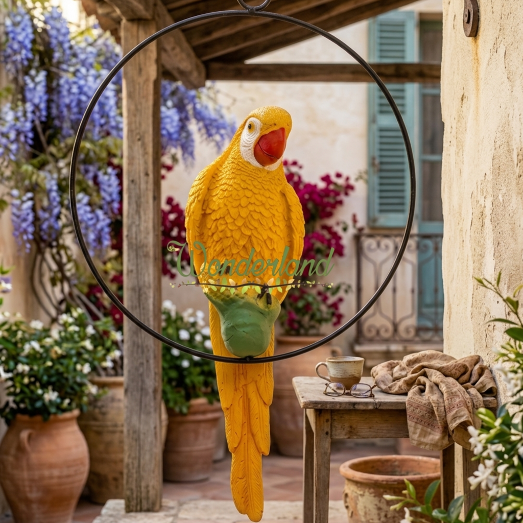 Vibrant Resin Yellow Macaw Parrot Hanging Garden Statue