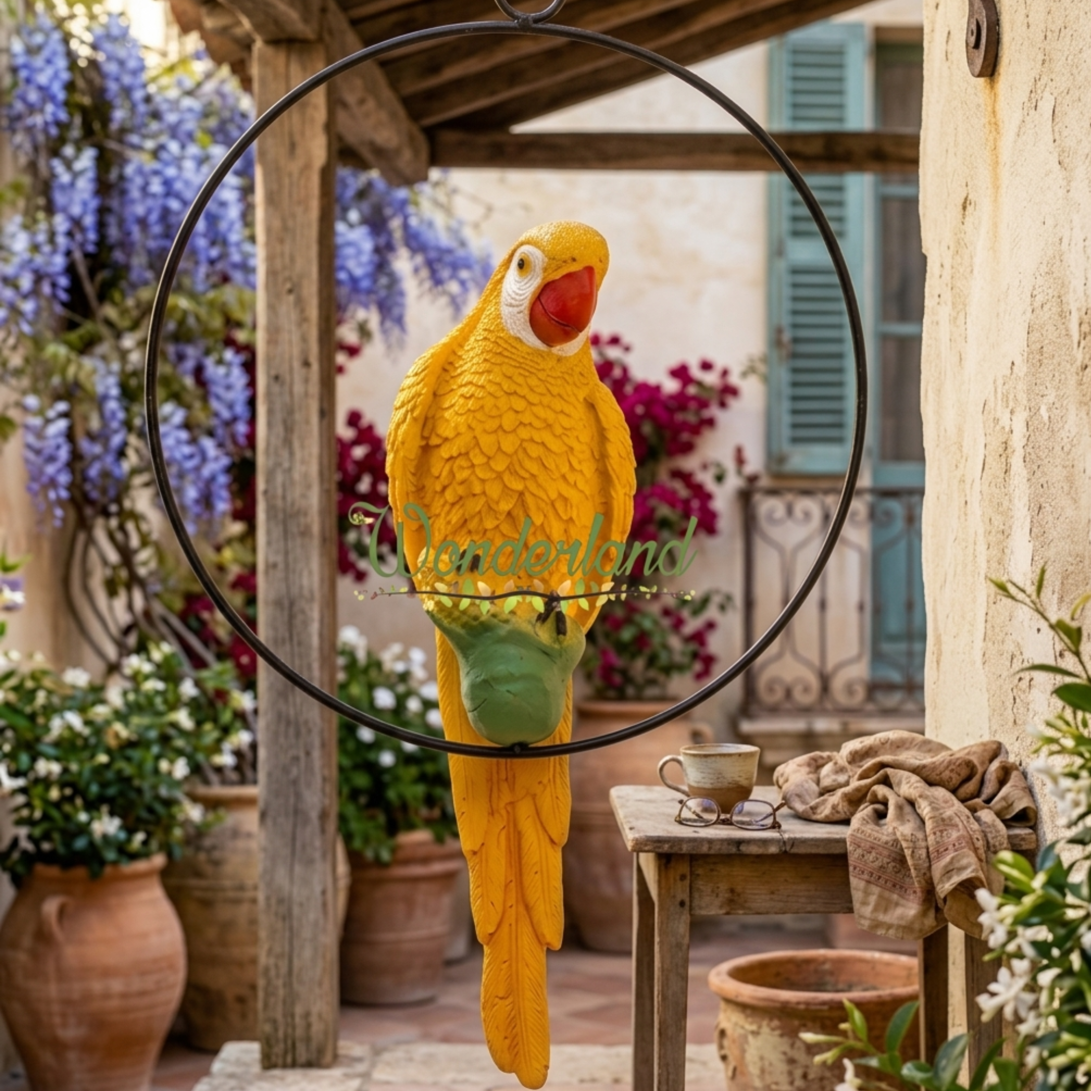 Vibrant Resin Yellow Macaw Parrot Hanging Garden Statue