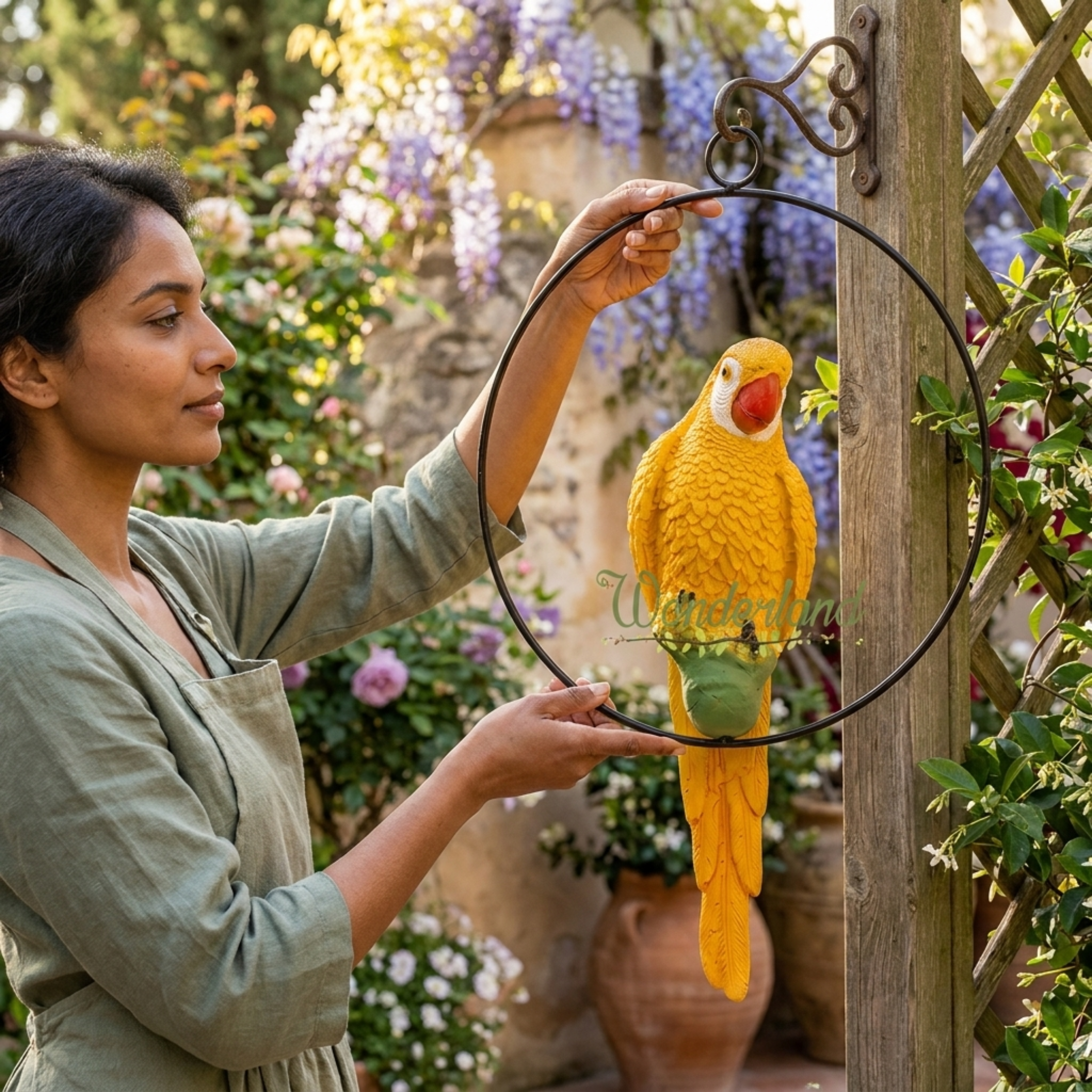 Vibrant Resin Yellow Macaw Parrot Hanging Garden Statue