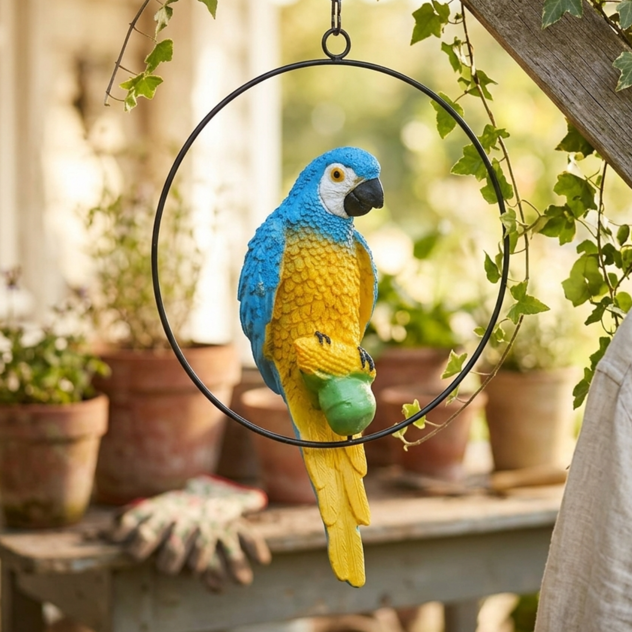 Vibrant Blue and Yellow Macaw Ring Parrot Hanging Garden Statue