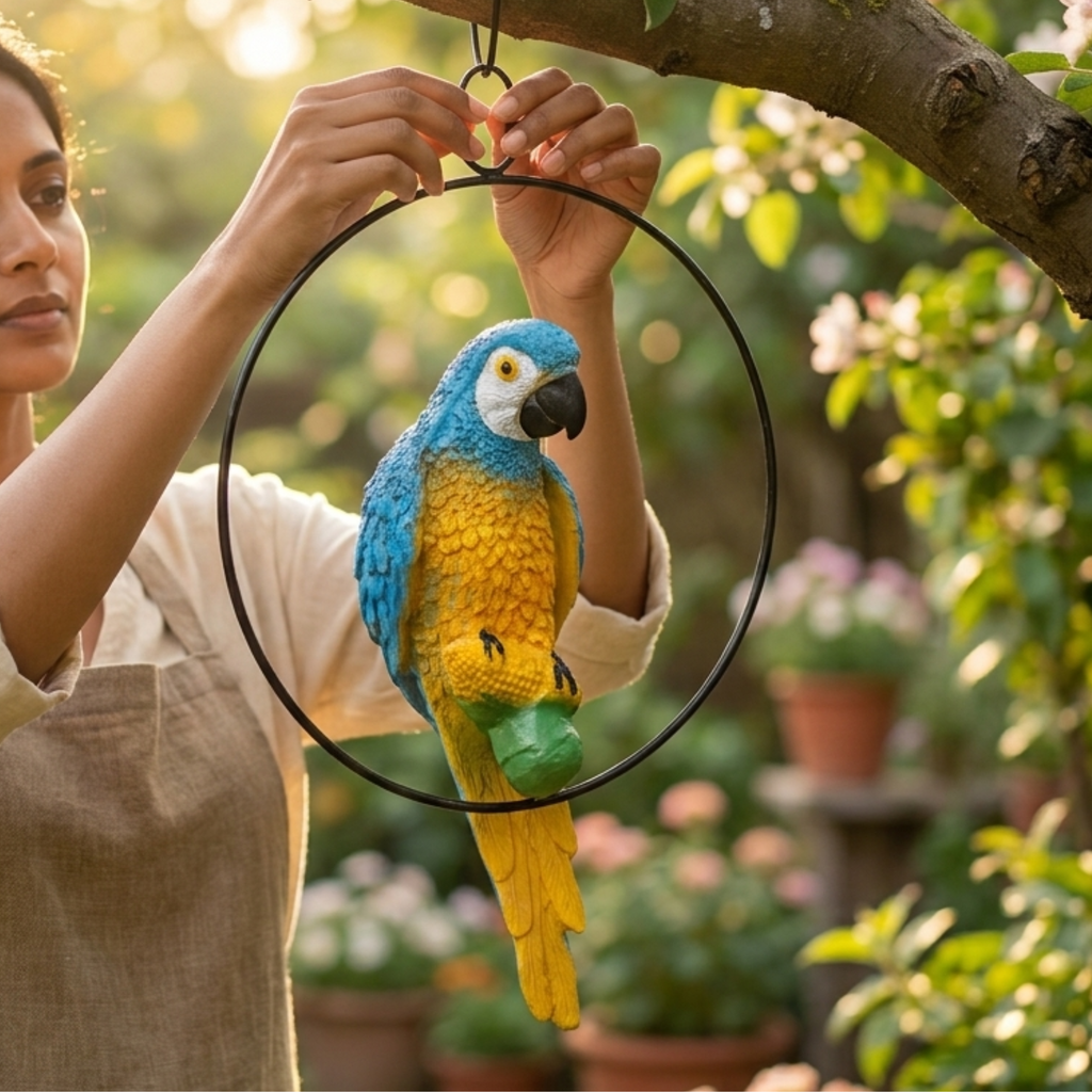 Vibrant Blue and Yellow Macaw Ring Parrot Hanging Garden Statue