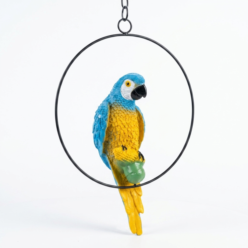 Vibrant Blue and Yellow Macaw Ring Parrot Hanging Garden Statue