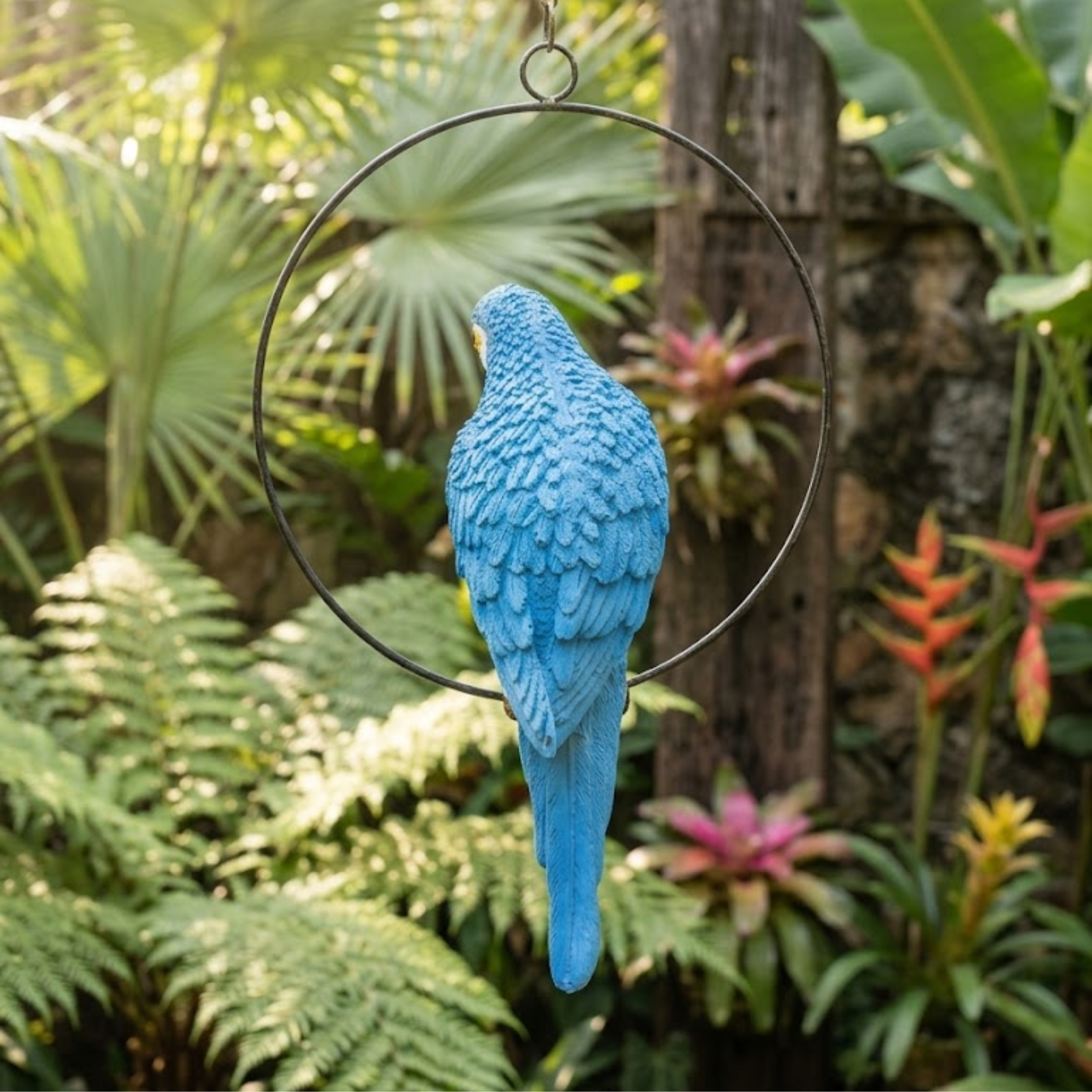 Vibrant Blue and Yellow Macaw Ring Parrot Hanging Garden Statue