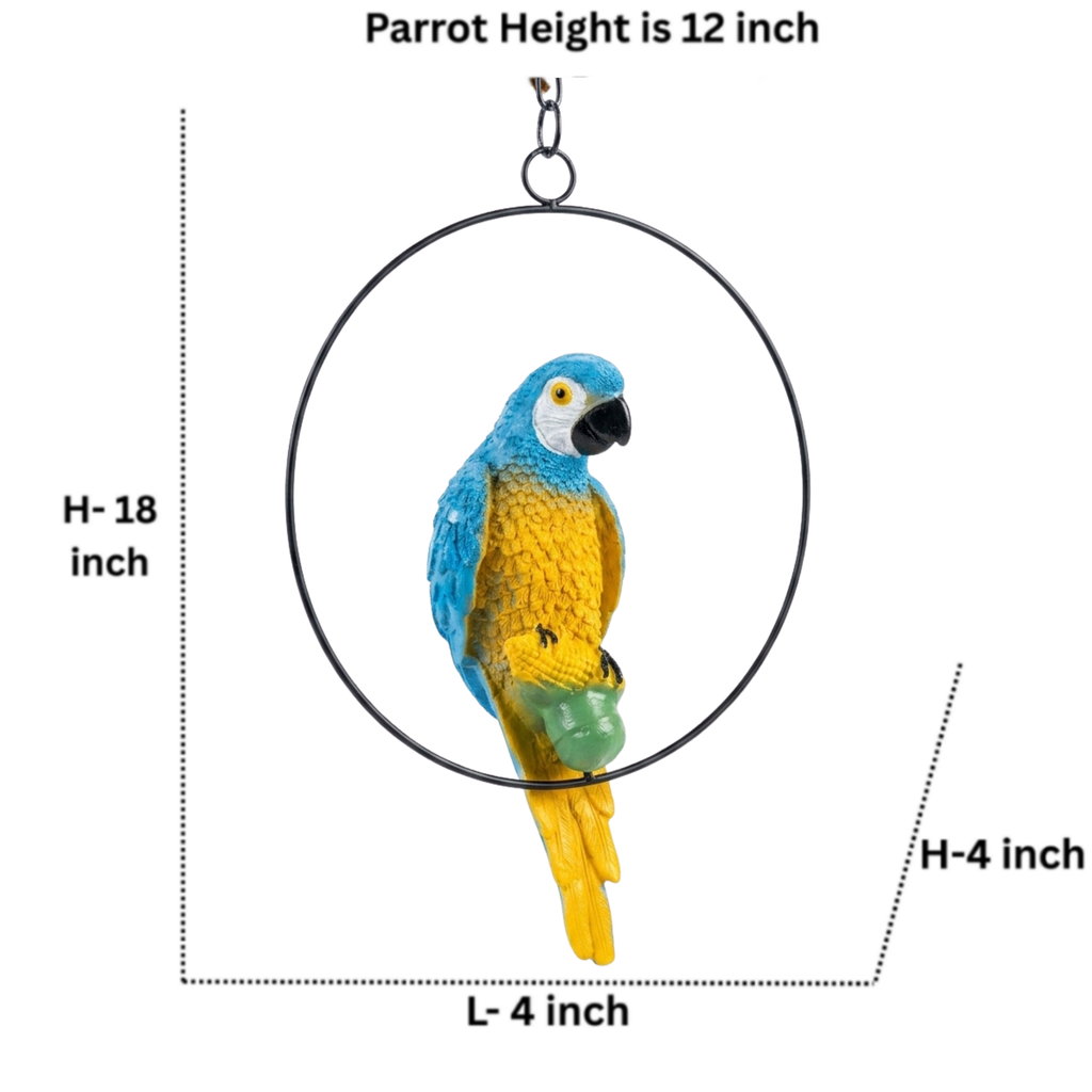 Vibrant Blue and Yellow Macaw Ring Parrot Hanging Garden Statue