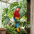 Vibrant Hanging Scarlet Macaw Parrot Figurine on Metal Ring Garden Decor