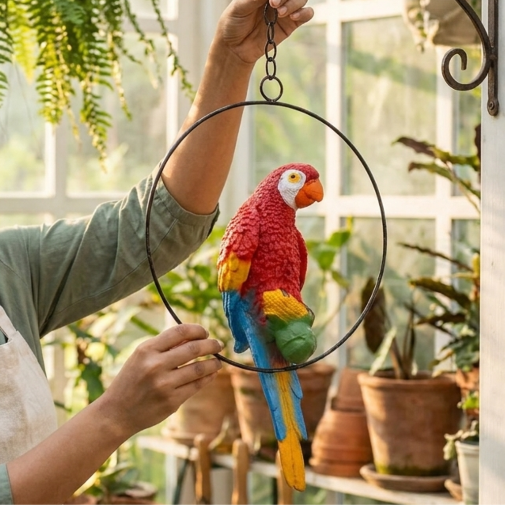 Vibrant Hanging Scarlet Macaw Parrot Figurine on Metal Ring Garden Decor