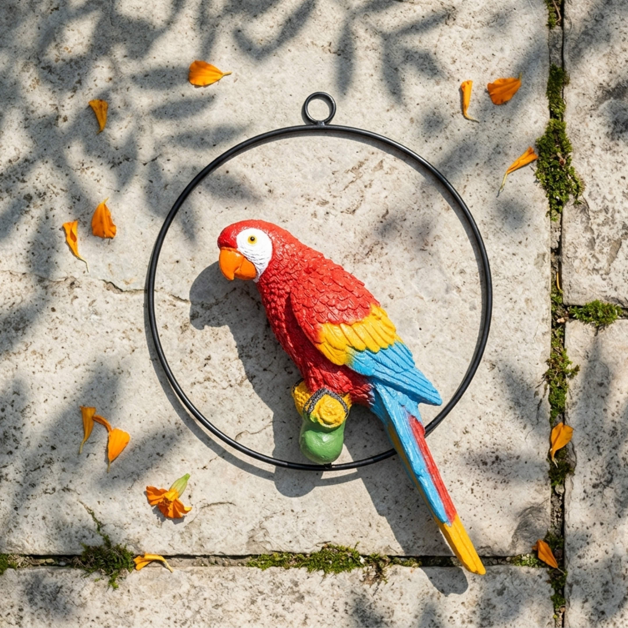 Vibrant Hanging Scarlet Macaw Parrot Figurine on Metal Ring Garden Decor