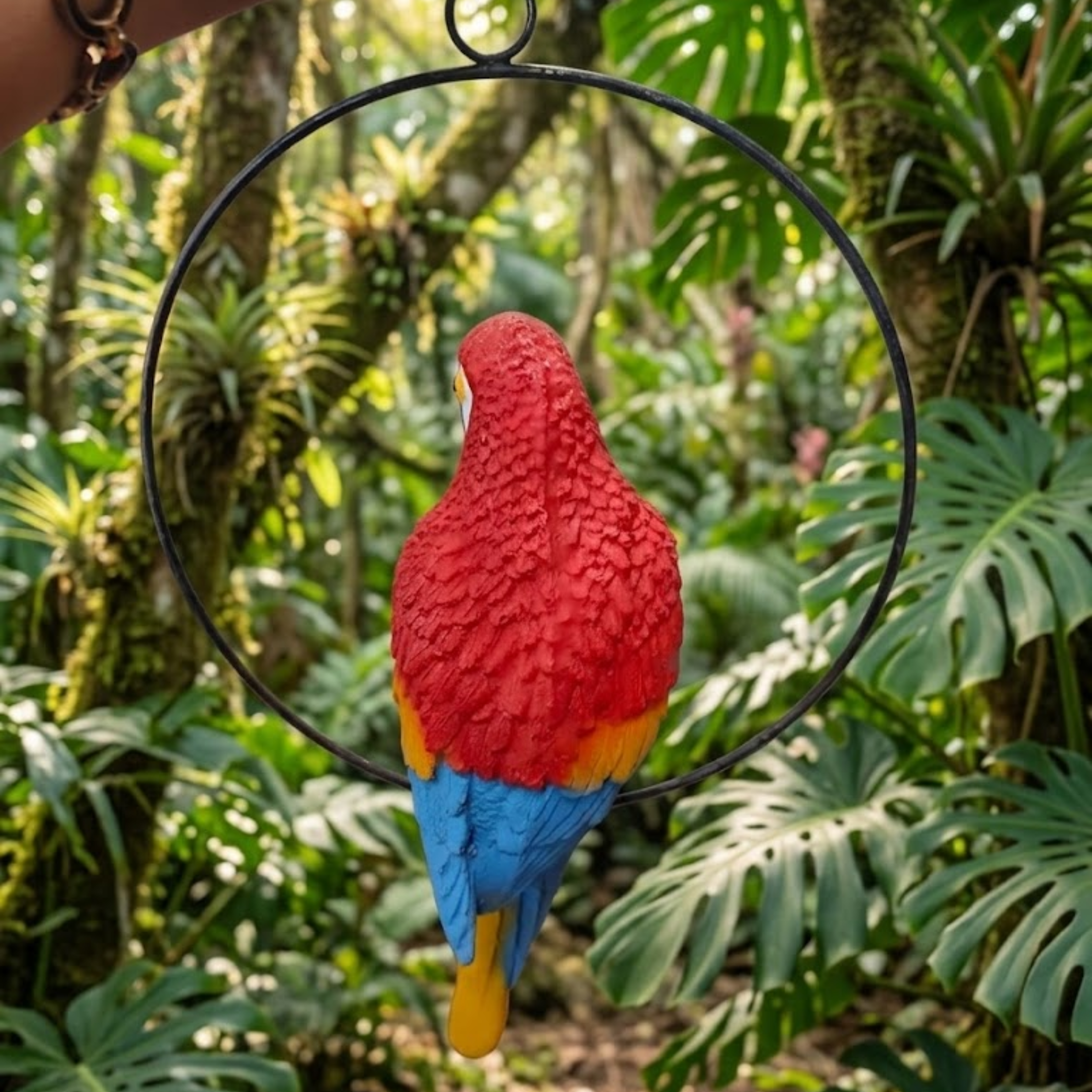 Vibrant Hanging Scarlet Macaw Parrot Figurine on Metal Ring Garden Decor