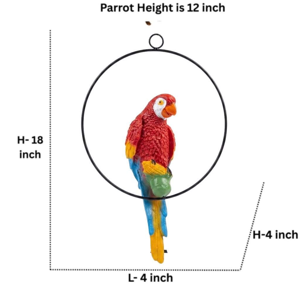 Vibrant Hanging Scarlet Macaw Parrot Figurine on Metal Ring Garden Decor