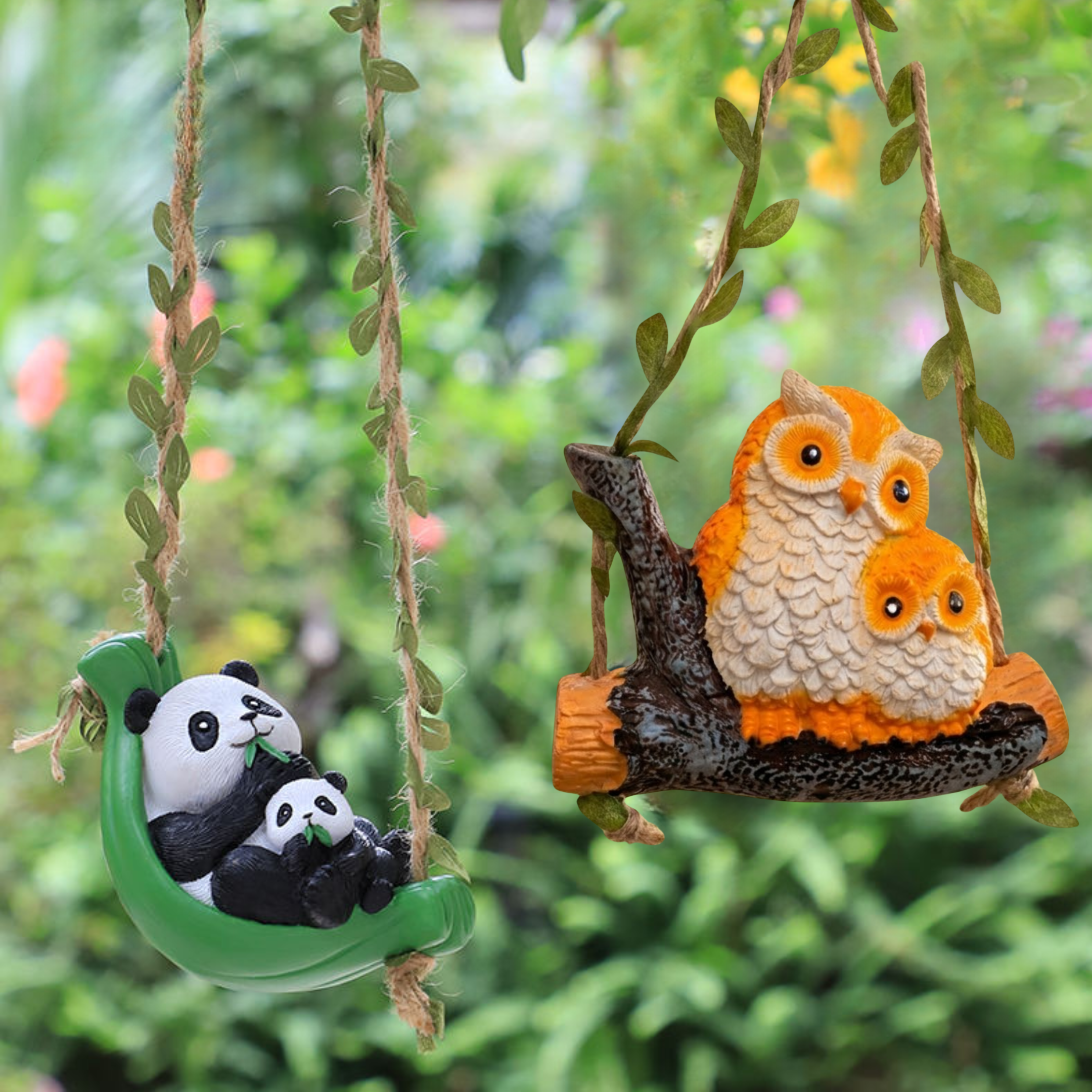 Cute Hanging Garden Ornaments – Whimsical Resin Panda & Owl Family Swing (Set of 2