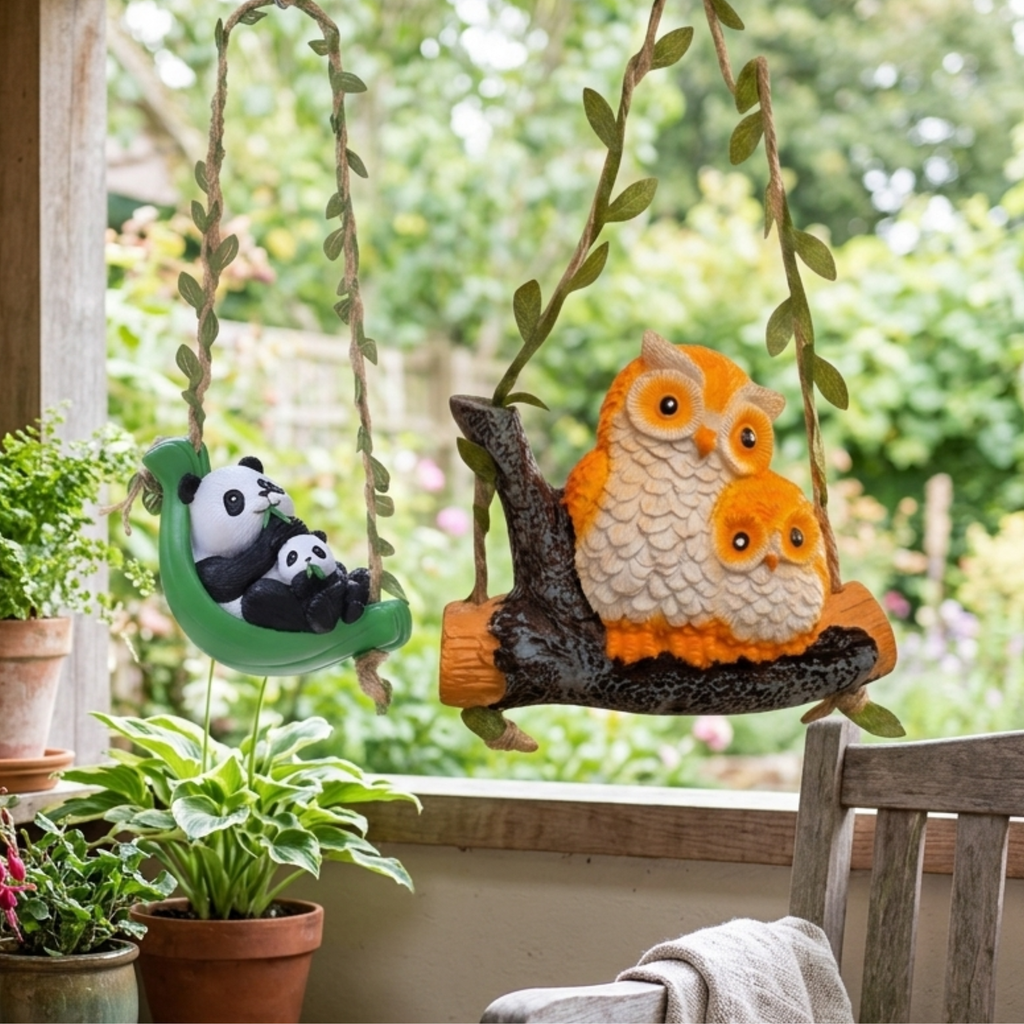 Cute Hanging Garden Ornaments – Whimsical Resin Panda & Owl Family Swing (Set of 2