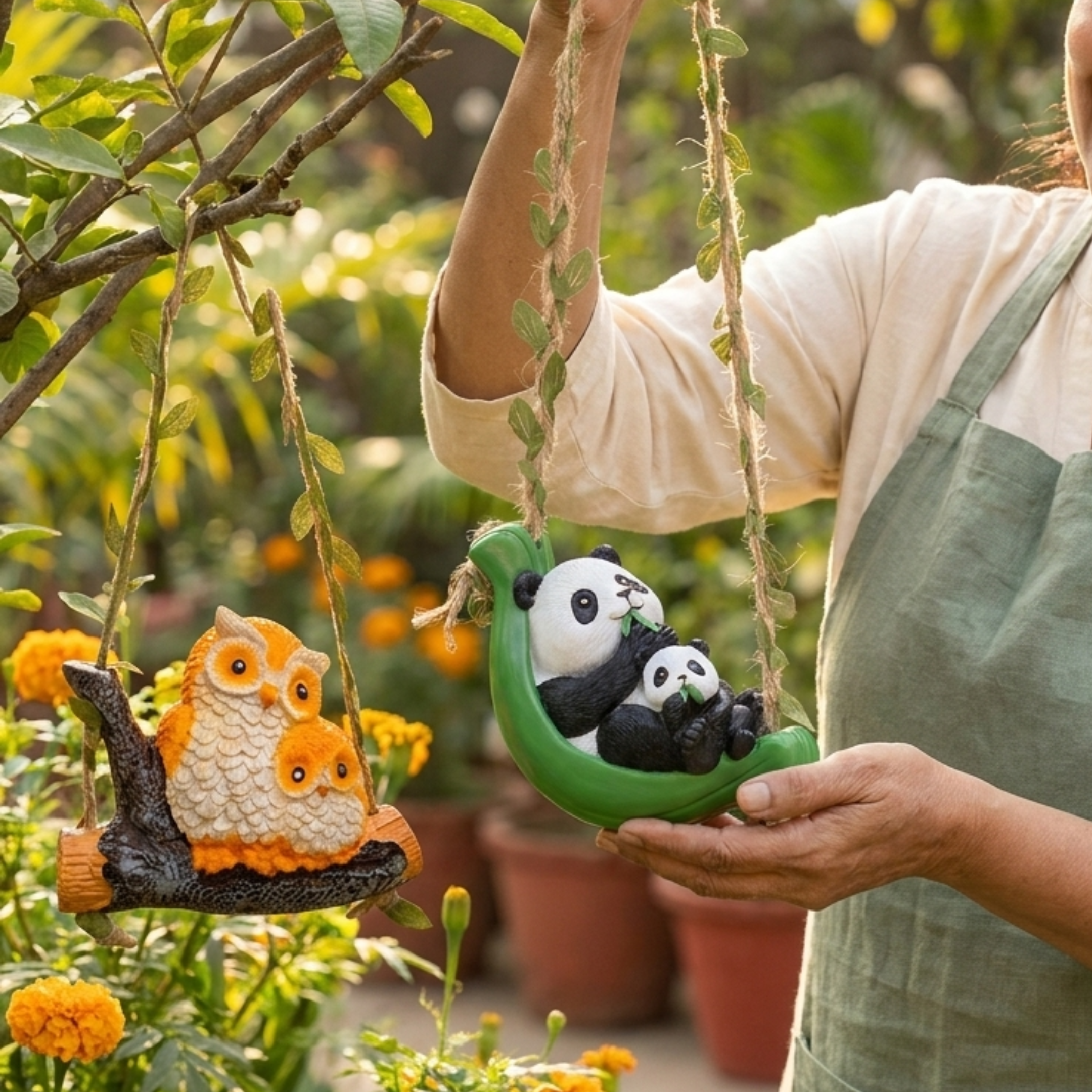 Cute Hanging Garden Ornaments – Whimsical Resin Panda & Owl Family Swing (Set of 2