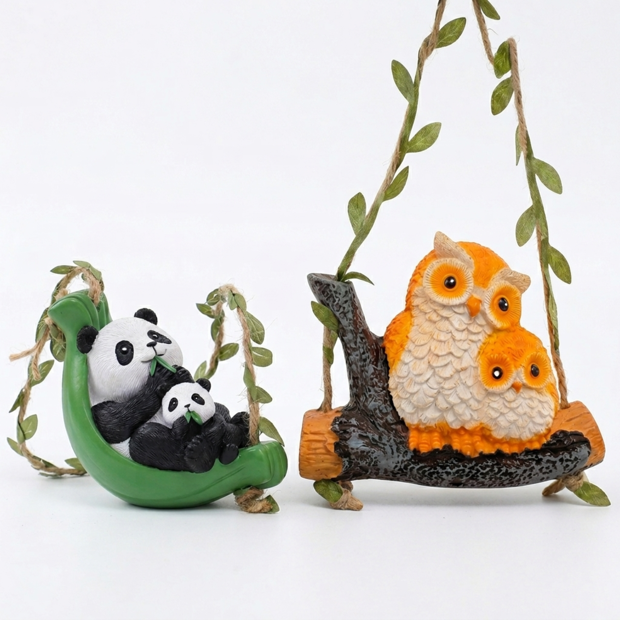 Cute Hanging Garden Ornaments – Whimsical Resin Panda & Owl Family Swing (Set of 2