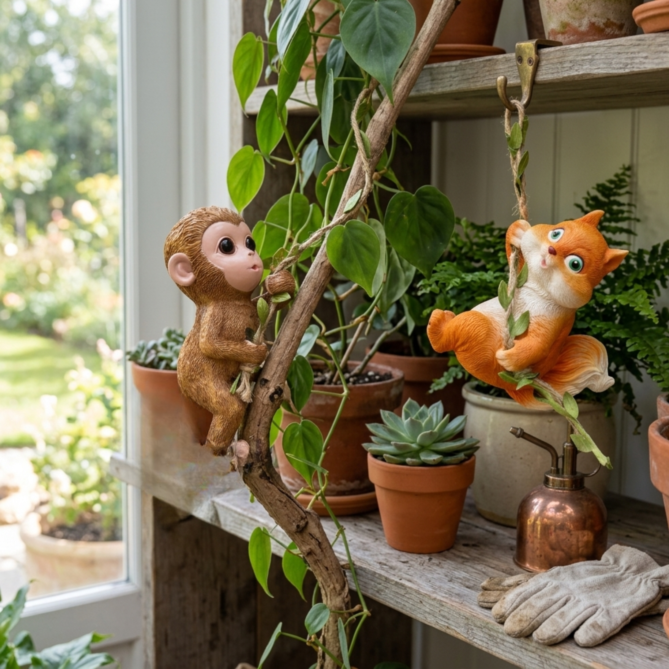 Cute Hanging Garden Ornaments - Climbing Monkey & FoxTree Hugger (Set of 2)