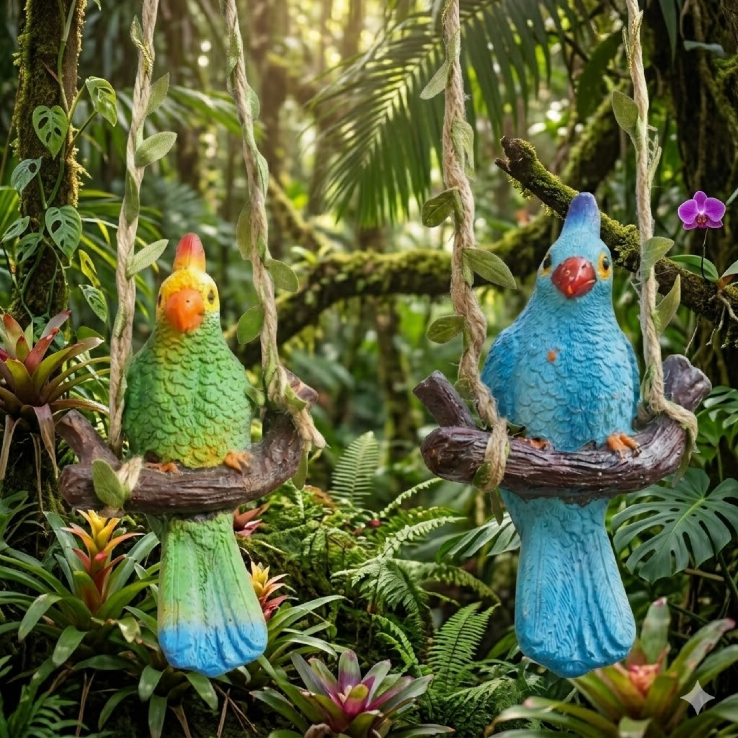 Pair of Hanging Garden Bird Statues – Decorative Colorful Parrot Figurines
