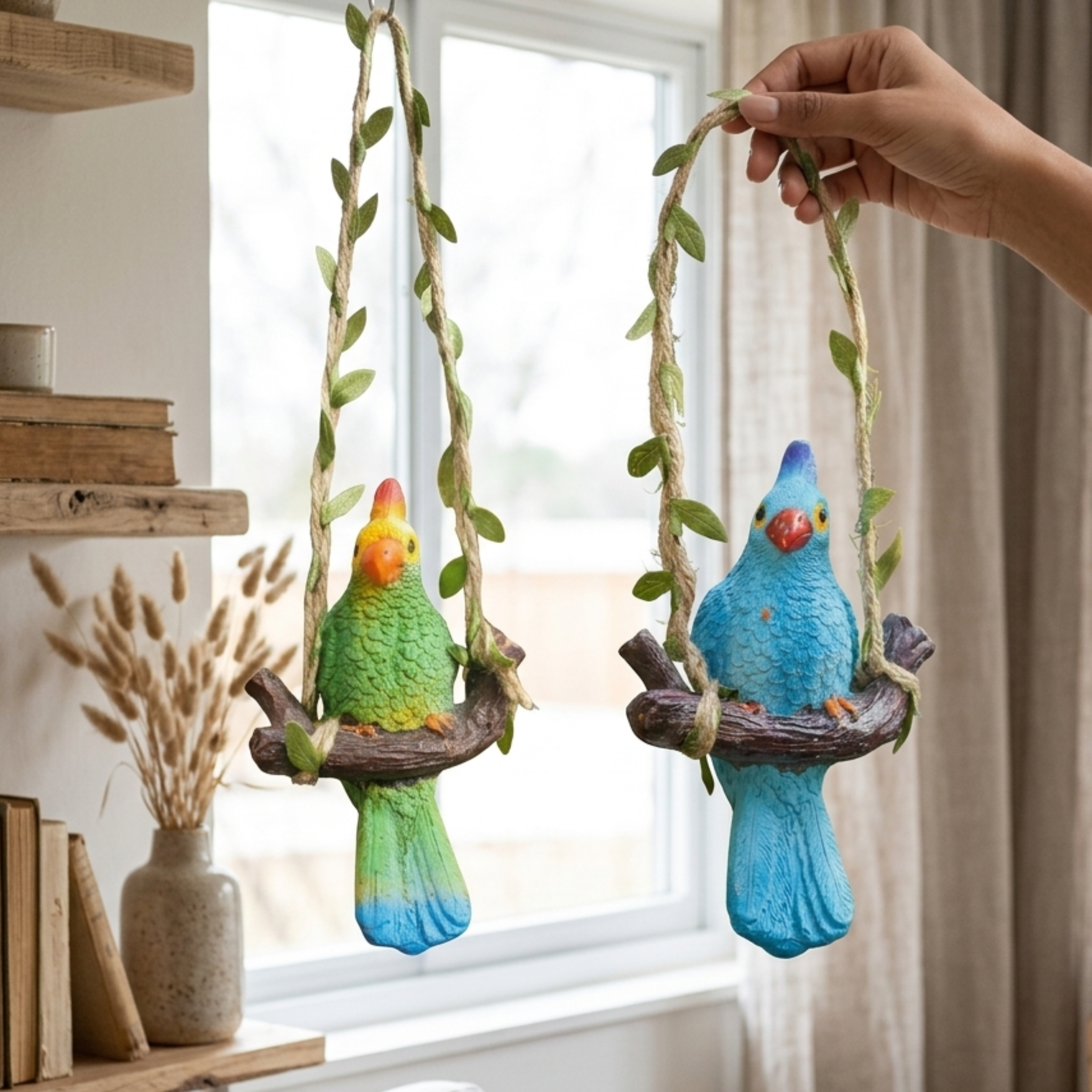 Pair of Hanging Garden Bird Statues – Decorative Colorful Parrot Figurines