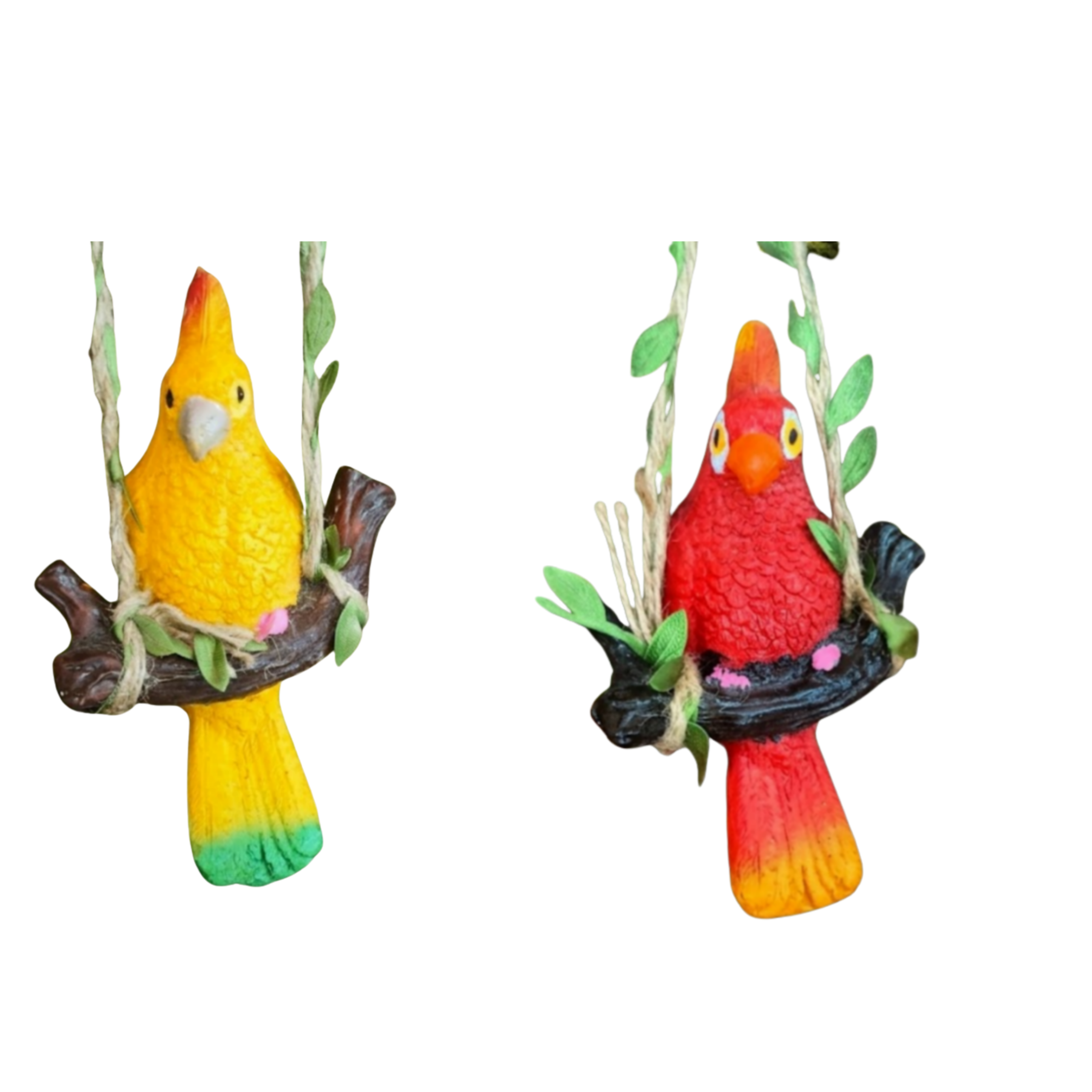 Set of 2 Hanging Parrot Garden Figurines – Colorful Resin Birds on Swing Tree Ornaments