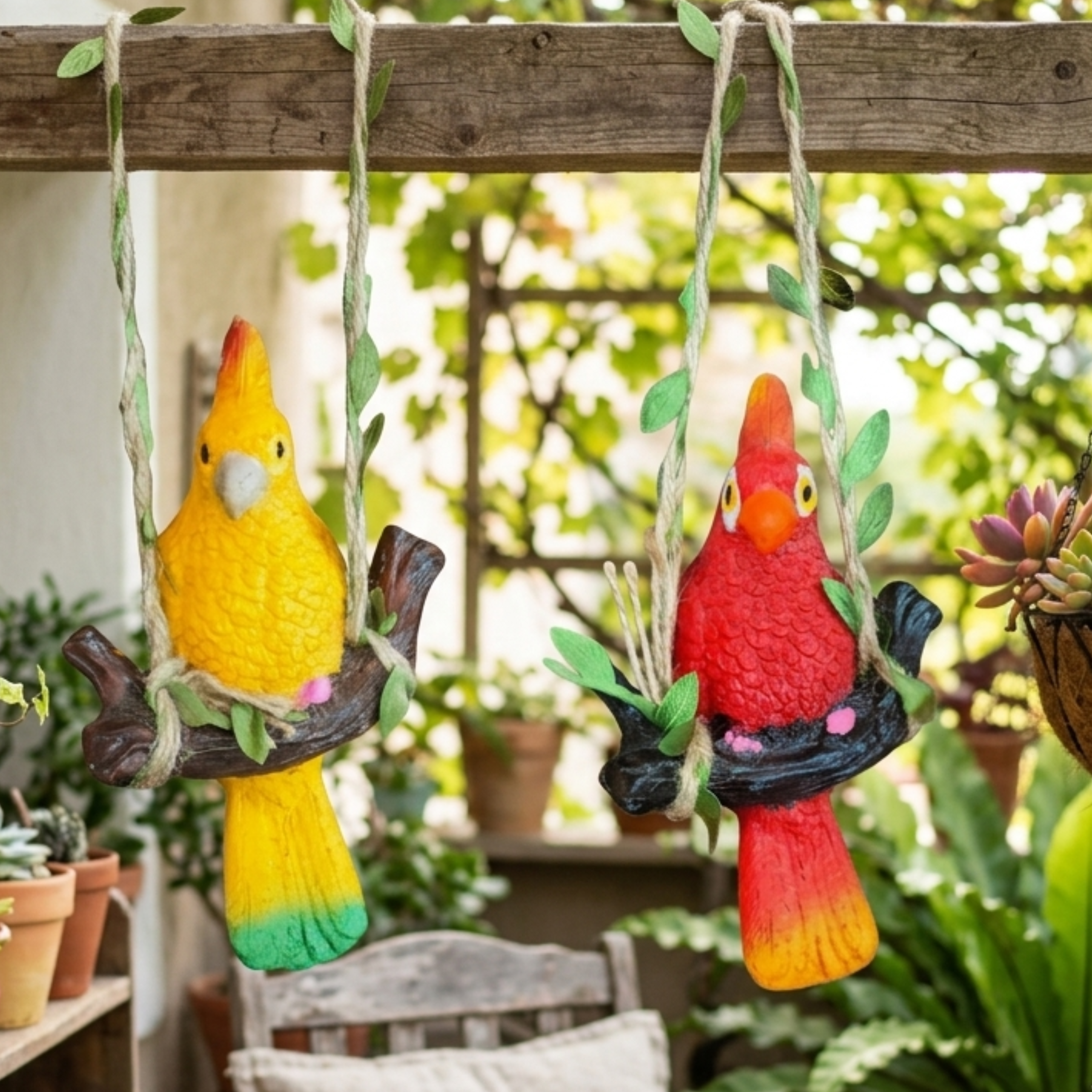 Set of 2 Hanging Parrot Garden Figurines – Colorful Resin Birds on Swing Tree Ornaments