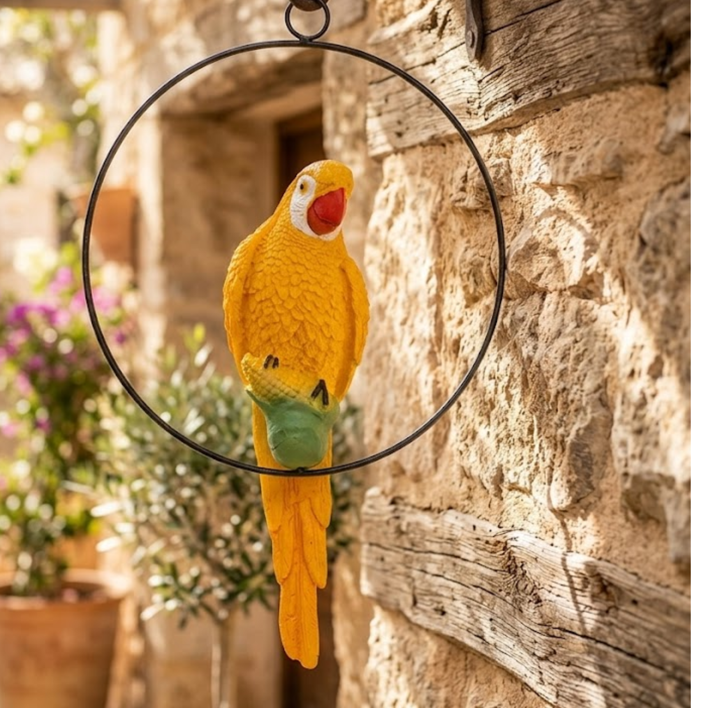 Vibrant Resin Yellow Macaw Parrot Hanging Garden Statue