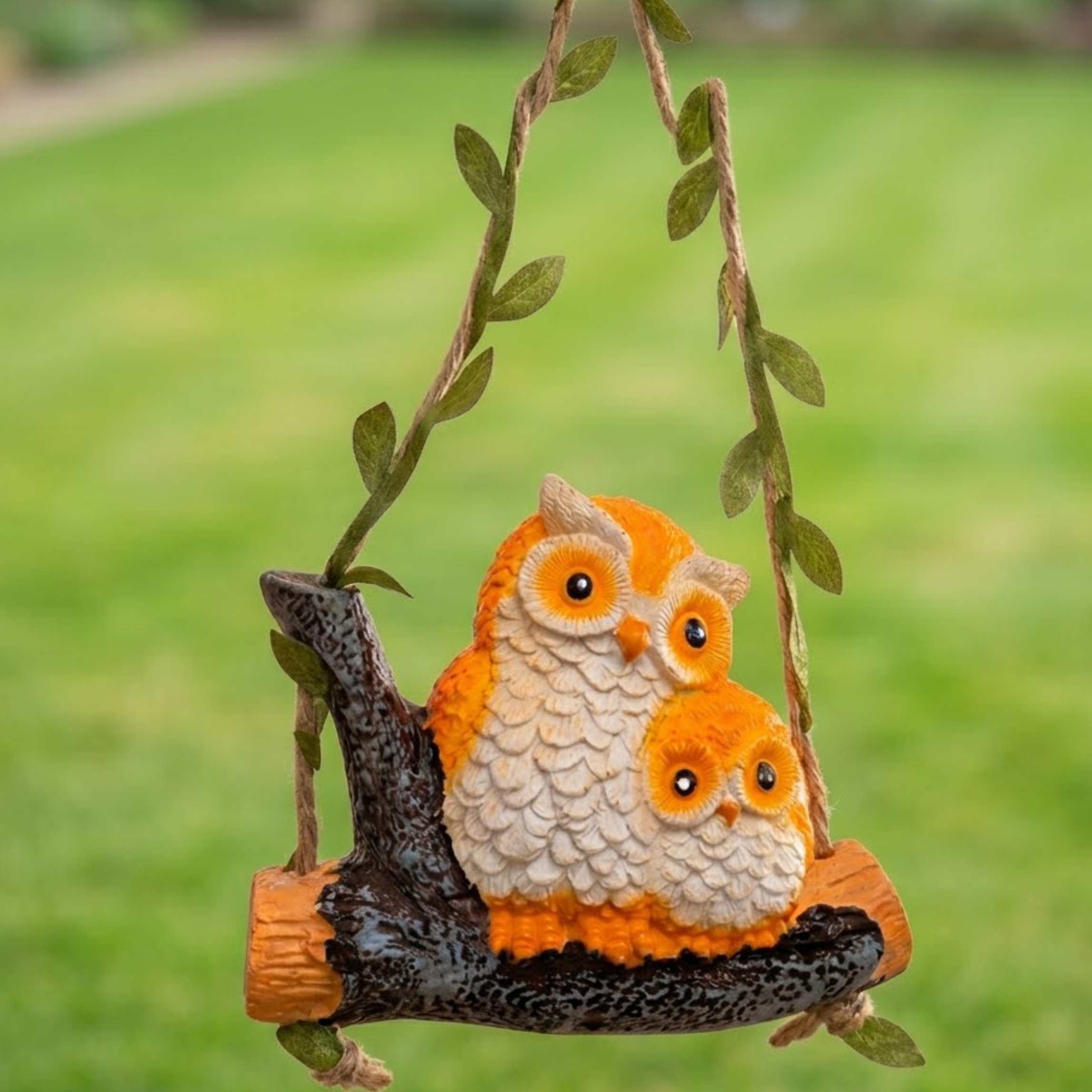 Cute Hanging Owl Couple Garden Statue Resin Owls on Tree Branch Swing