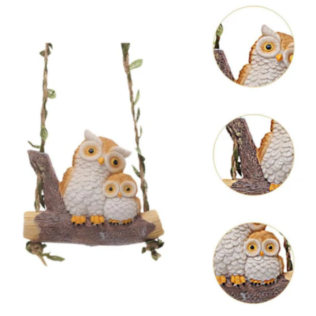 Cute Hanging Owl Couple Garden Statue Resin Owls on Tree Branch Swing