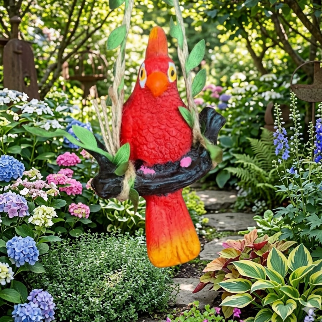 Vibrant Red Parrot Garden Statue – Hanging Tropical Bird Figurine on Tree Branch Swing