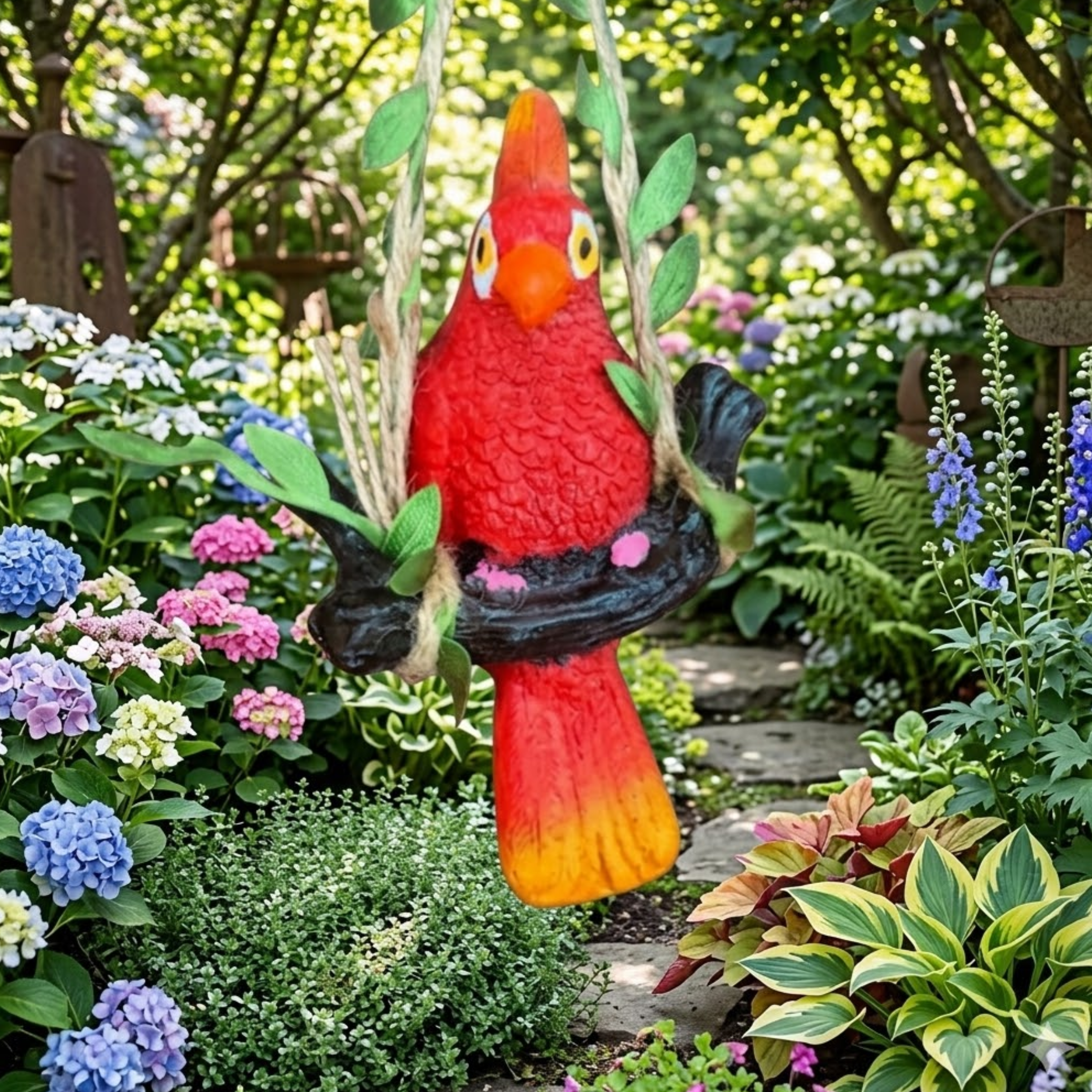 Vibrant Red Parrot Garden Statue – Hanging Tropical Bird Figurine on Tree Branch Swing