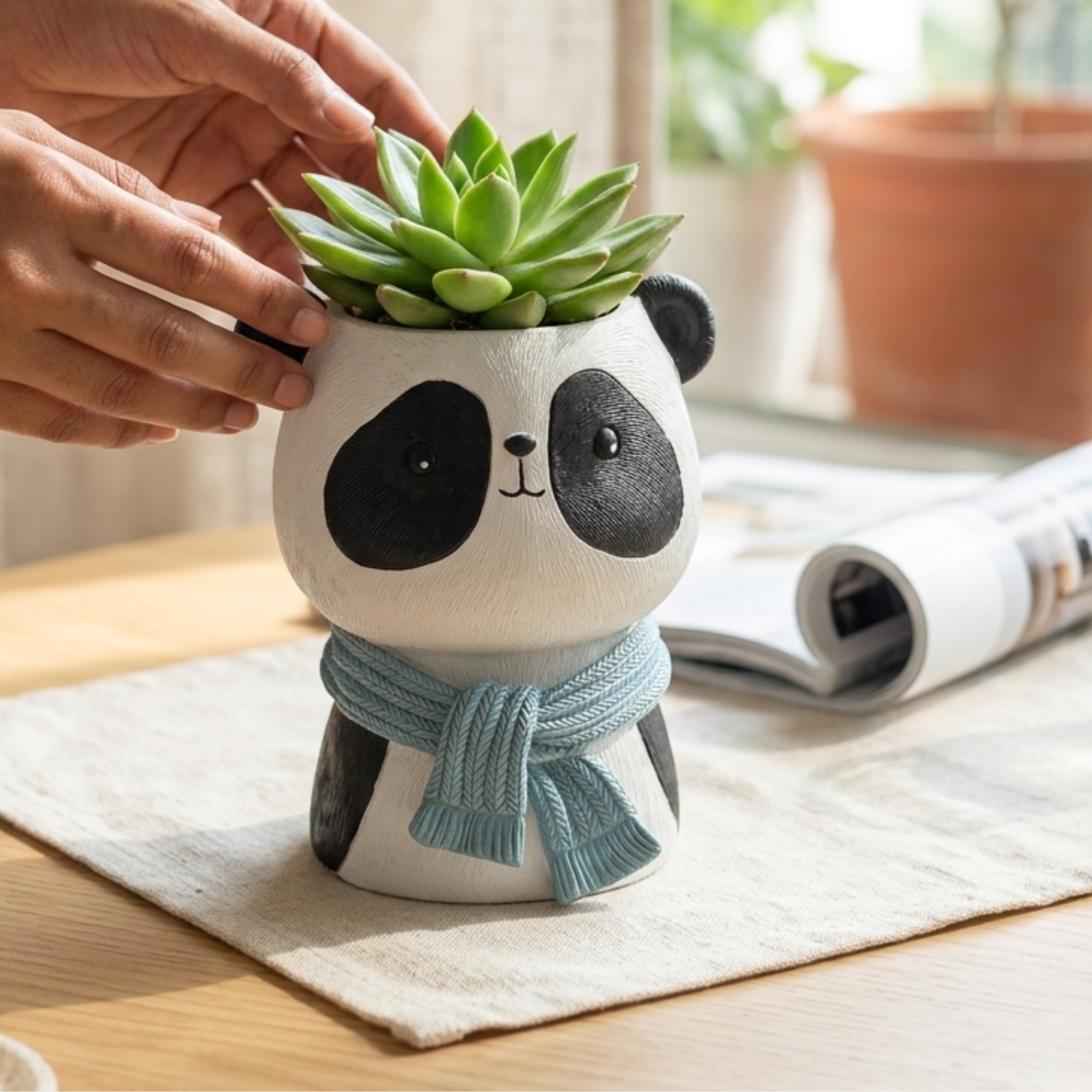 Cute Panda Resin Flower Pot - Large Animal Planter with Green Scarf (Plants not included)