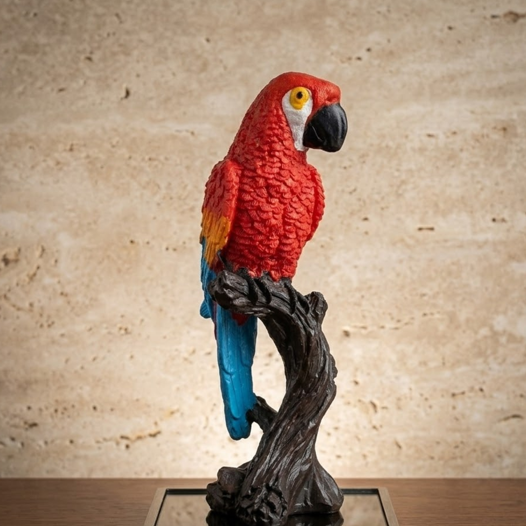Pair of Lifelike Parrot Figurines on Branch Bases – Vibrant Red & Green Parrot Statue ( set of 2)