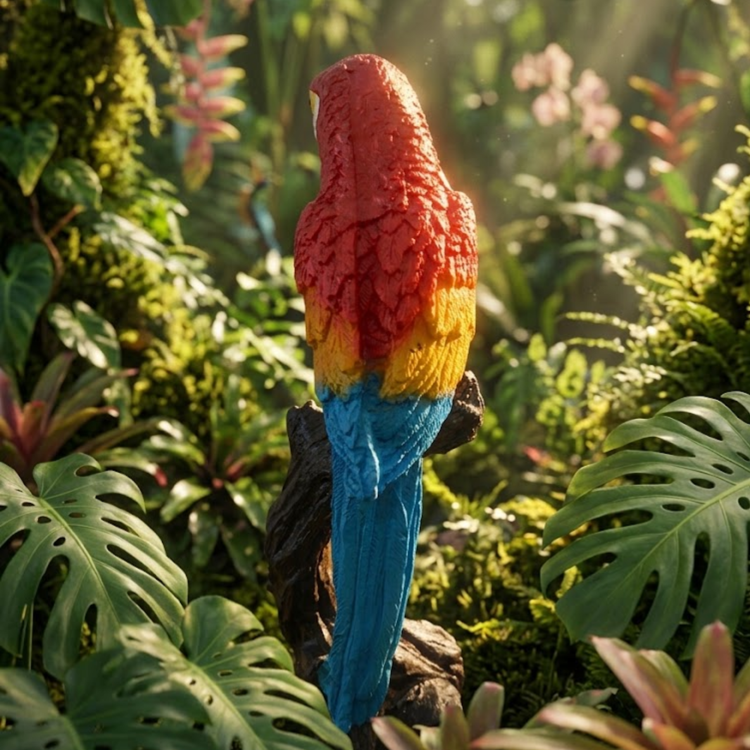 Pair of Lifelike Parrot Figurines on Branch Bases – Vibrant Red & Green Parrot Statue ( set of 2)
