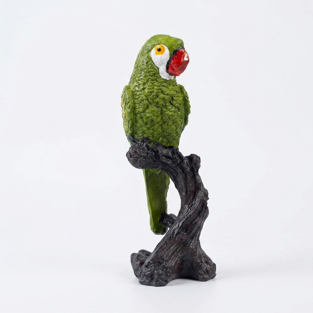 Pair of Lifelike Parrot Figurines on Branch Bases – Vibrant Red & Green Parrot Statue ( set of 2)