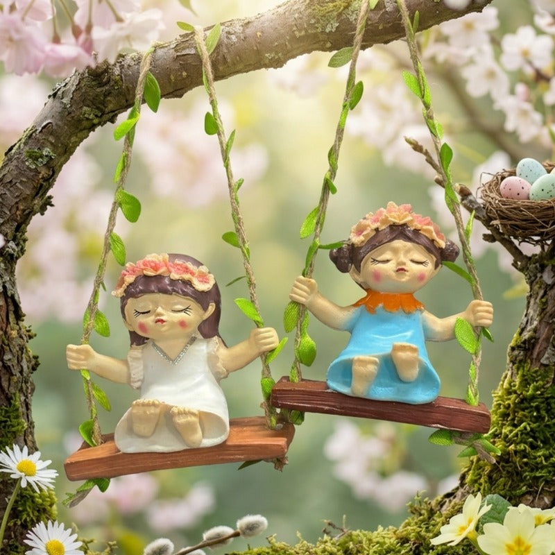 Whimsical Hanging Garden Fairies on Swings – Set of 2-white &blue